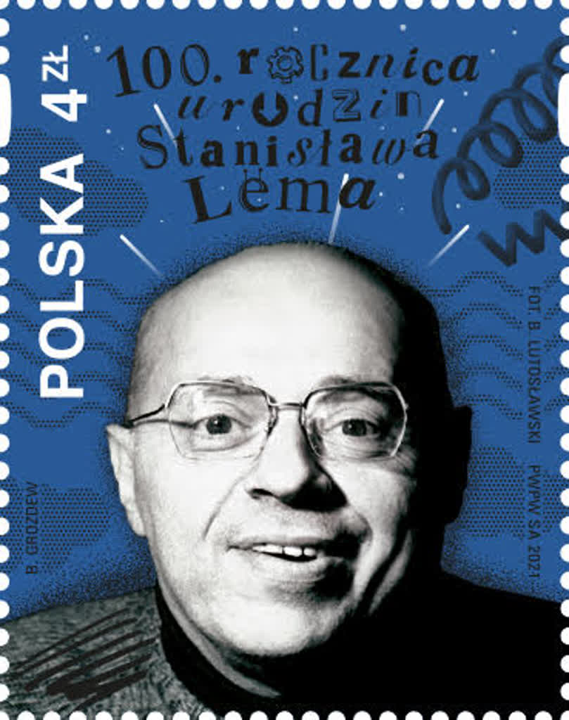 Znaczek pocztowy ze zdje?ciem Stanisława Lema, fot. Bolesław Lutosławski.jpg